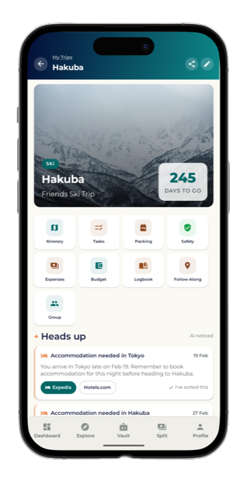 Venture trip hub for a group ski trip to Hakuba: a days-to-go countdown over the trip photo, then tiles for itinerary, tasks, packing, safety, expenses and budget, with heads-up alerts below.