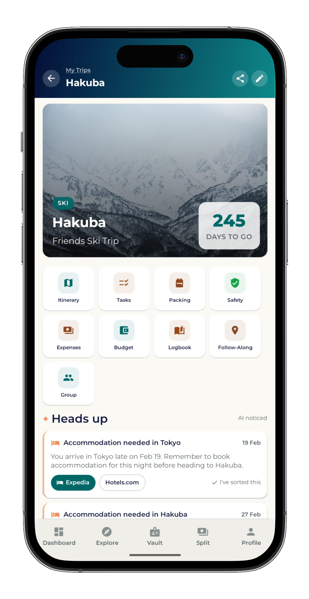 Trip hub screen with the itinerary, members, expenses and documents for a single trip.