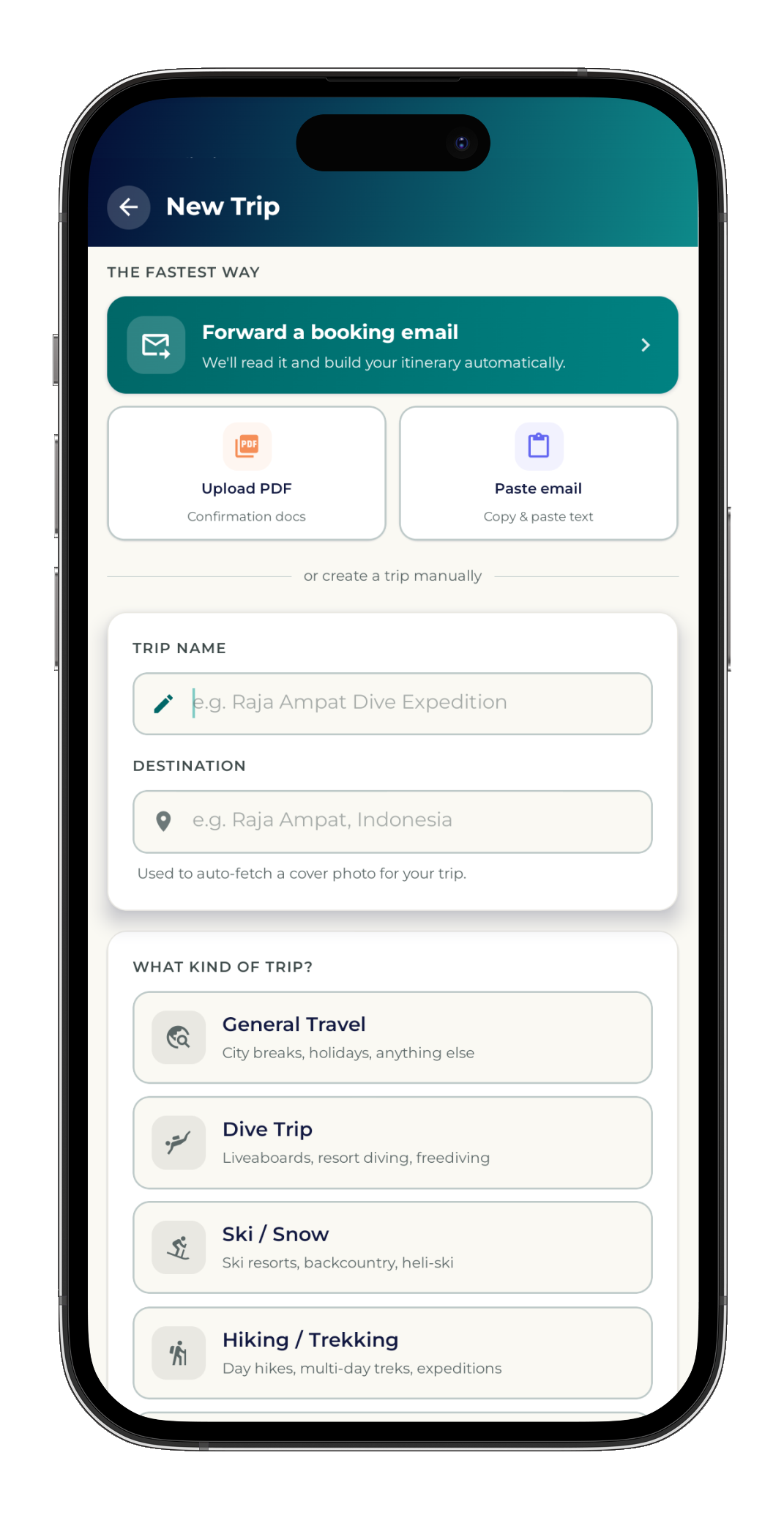 Email import screen turning a forwarded booking confirmation into itinerary items.
