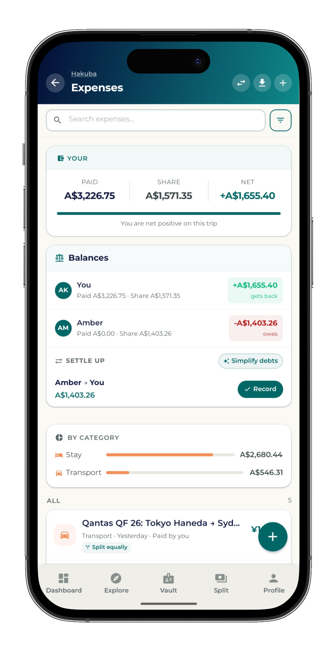 Expense splitting screen showing shared costs and who owes whom across the group.