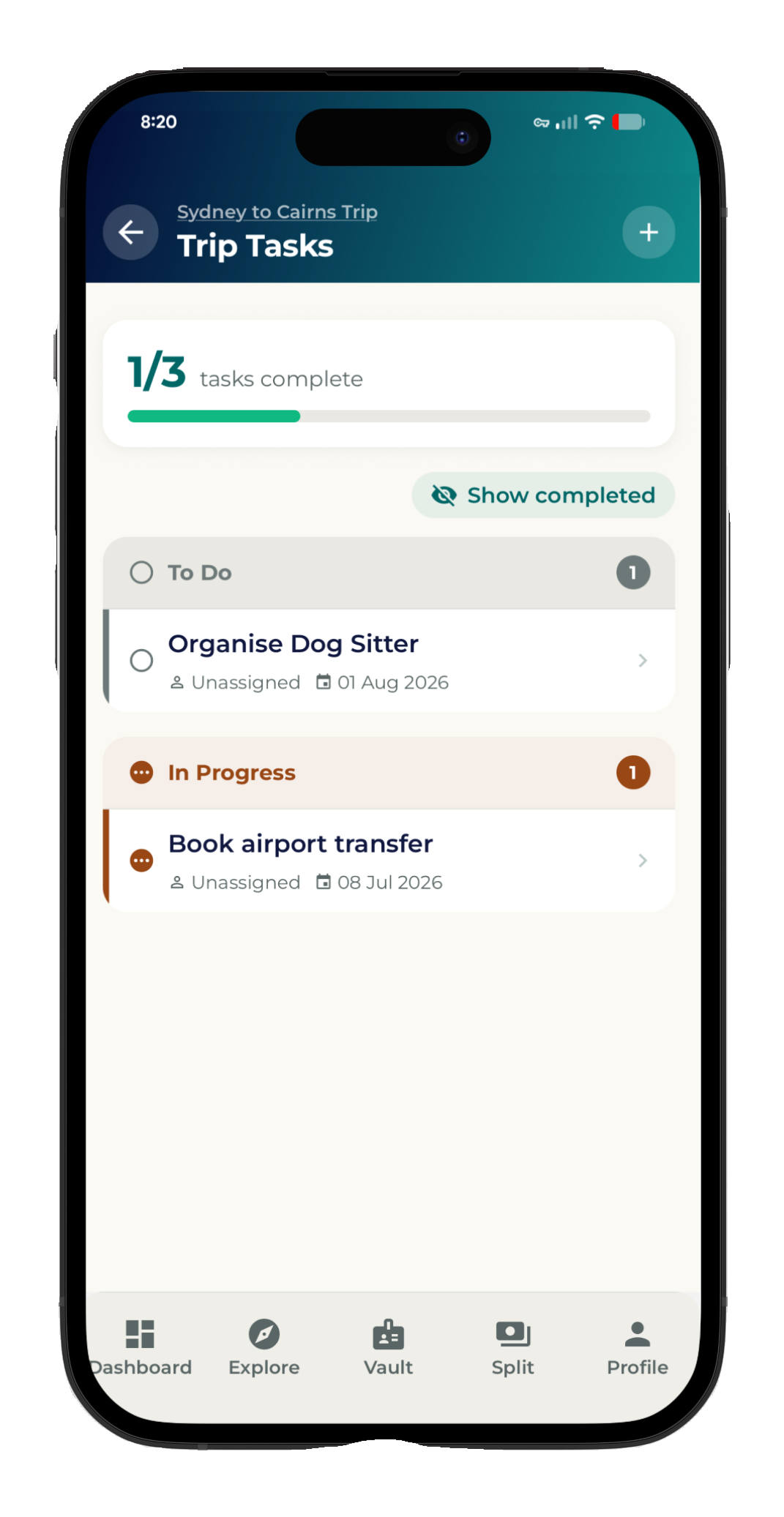 Tasks and packing checklist screen with trip-type to-dos assigned across the group.
