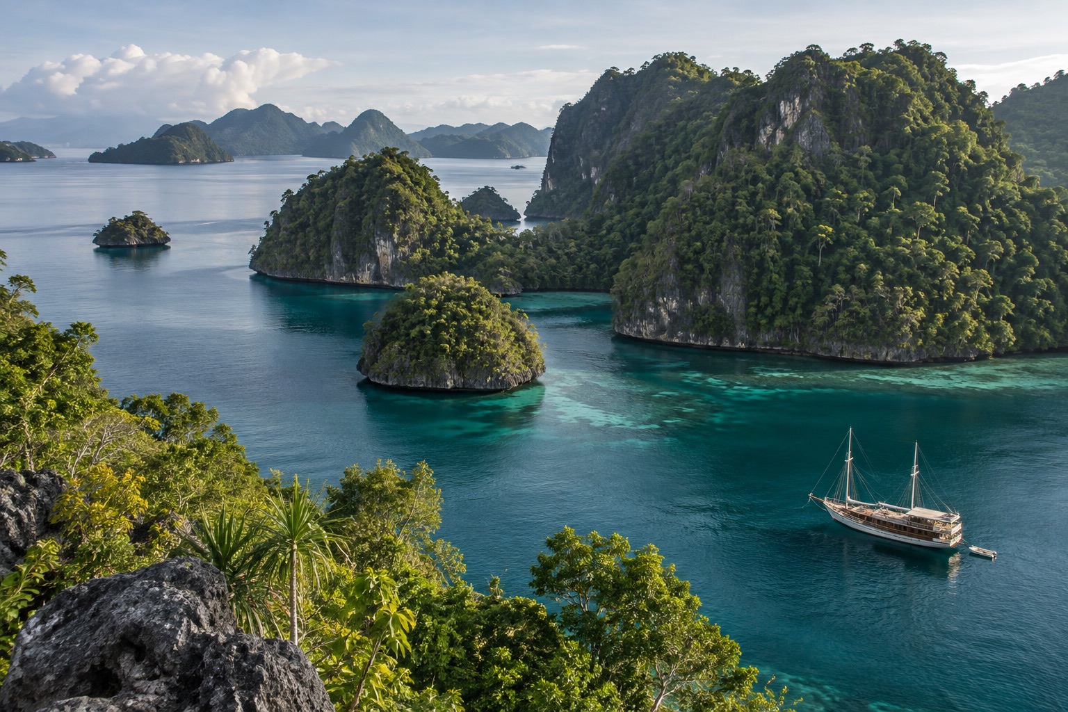 Expedition boat among tropical limestone islands